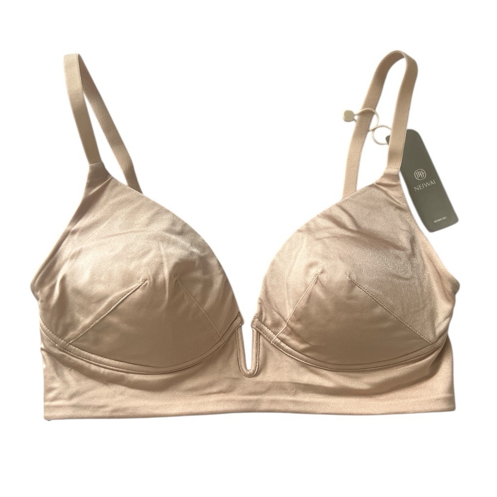 NWT Neiwai Satin Convertible Plunge Bra Rosette Pink Peach Size Medium